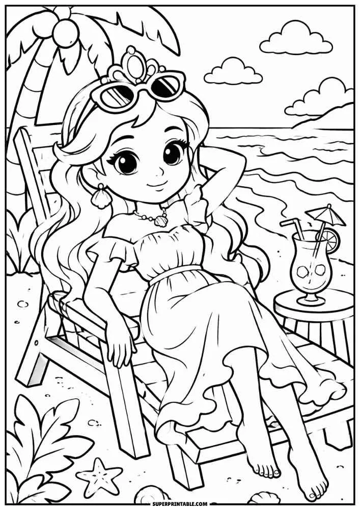 Princess sitting in a beach chair near the ocean with a tropical drink and palm tree.