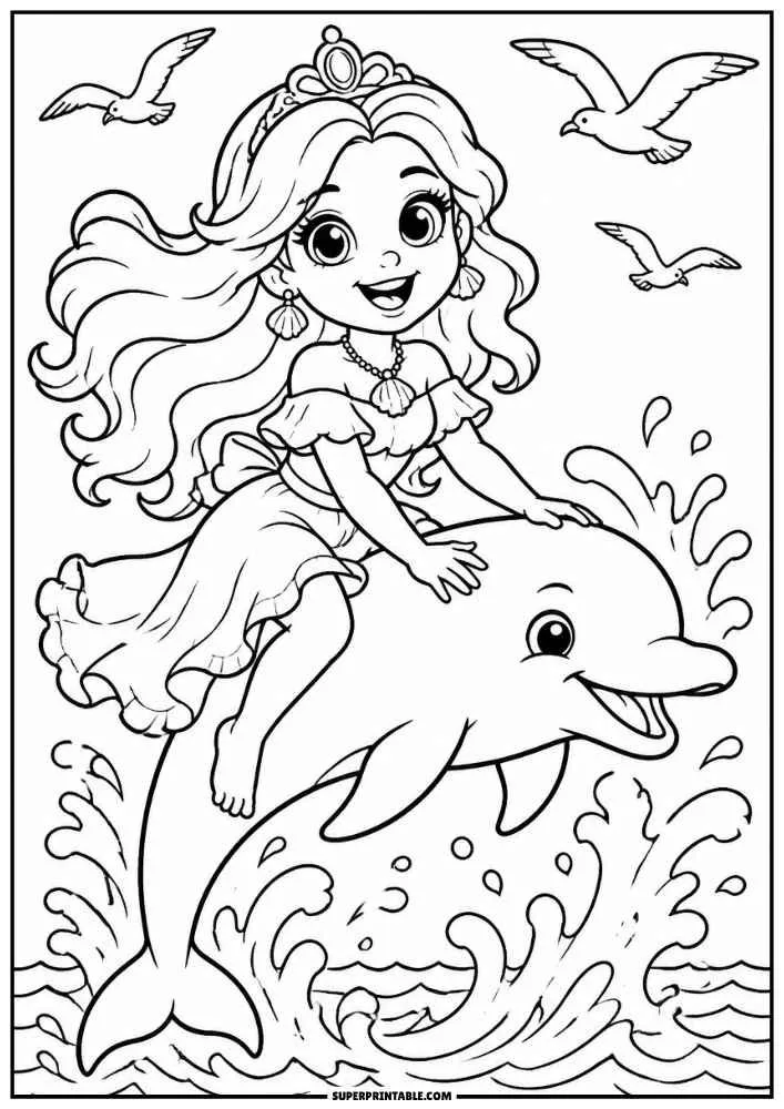 Princess riding a dolphin above ocean waves with birds flying in the sky.