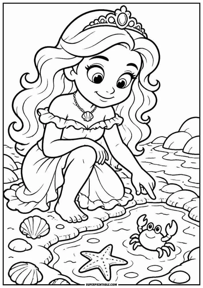 Princess kneeling near a tide pool with a crab, seashells, rocks, and ocean water.