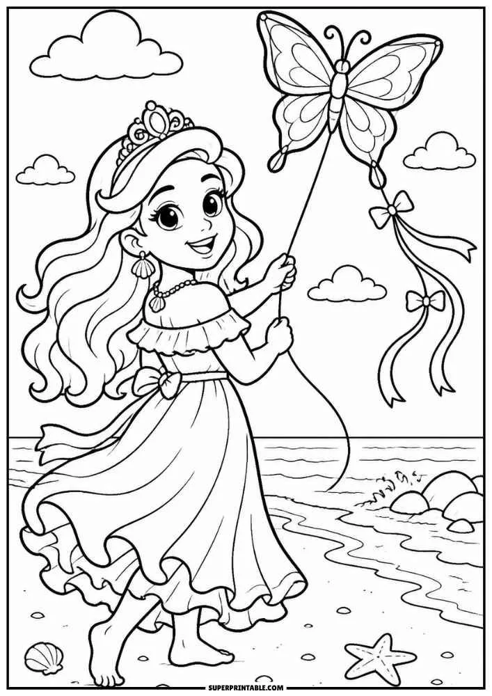 Princess flying a butterfly kite on the beach with clouds, waves, and a starfish.