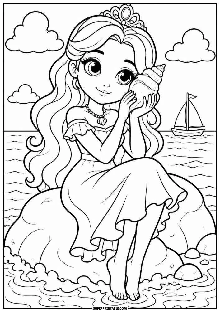 Princess sitting on a rock holding a seashell with a sailboat on the ocean.