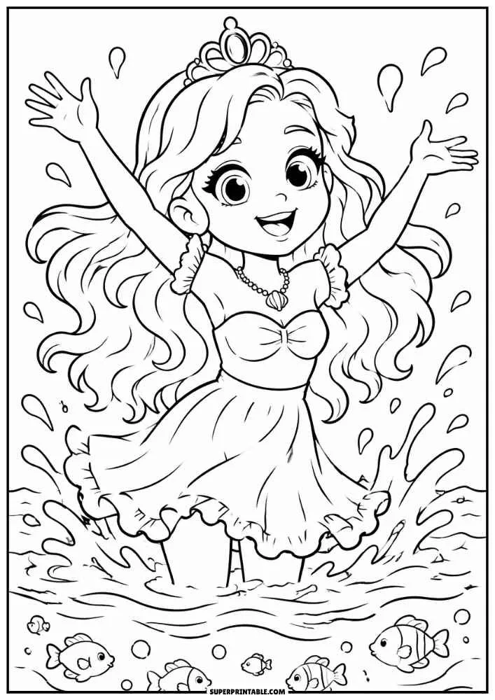 Princess splashing in shallow water with fish swimming below and water droplets around her.