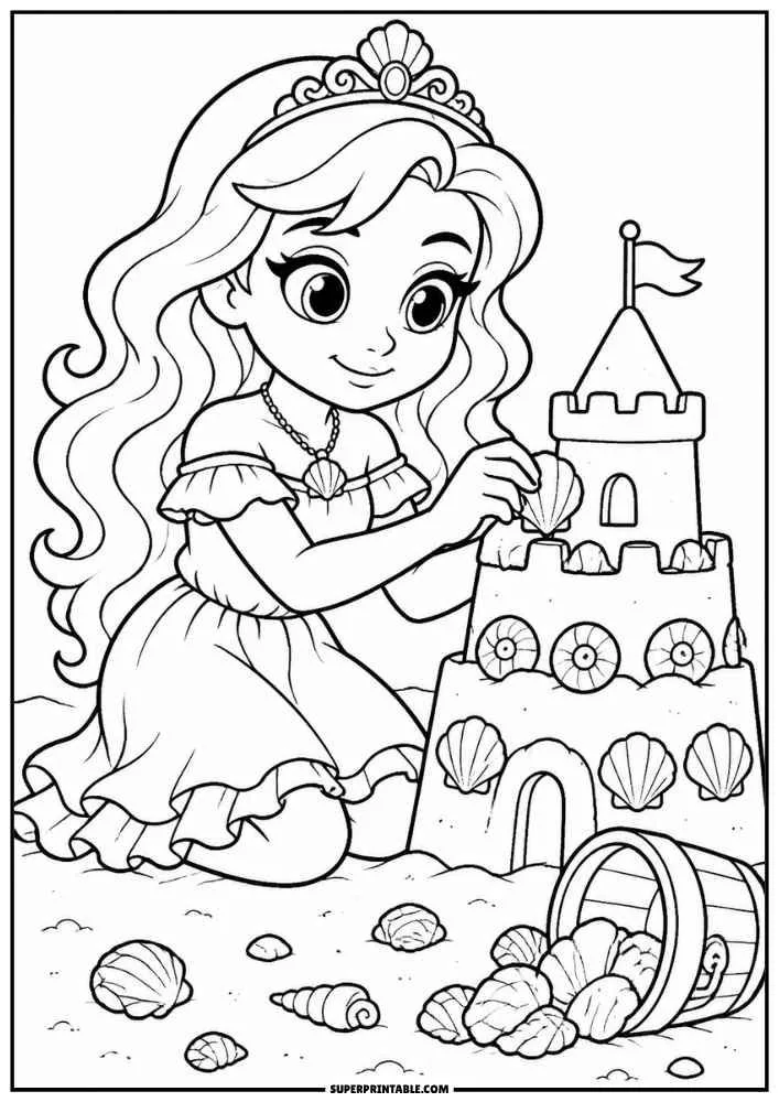 Princess decorating a sandcastle with shells beside a basket of seashells on the beach.