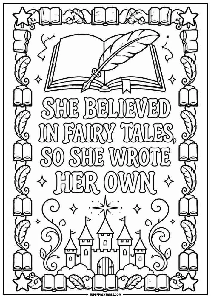Coloring page with a book, quill, castle, stars, and a fairy tale quote.