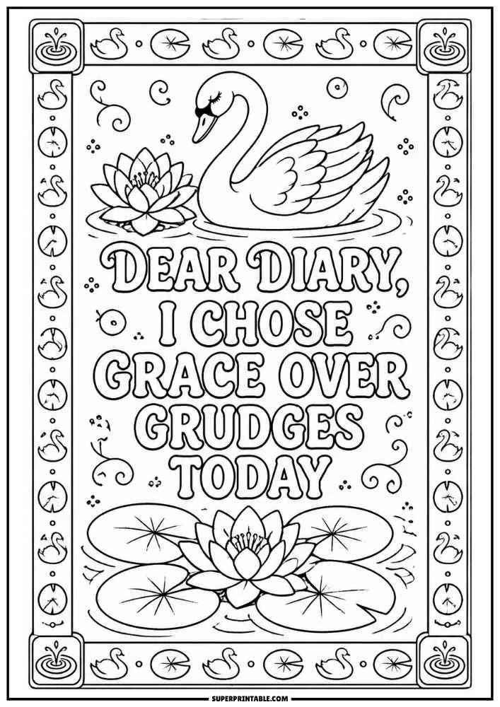 Coloring page with a swan, lotus flowers, lily pads, and a grace-themed diary quote.