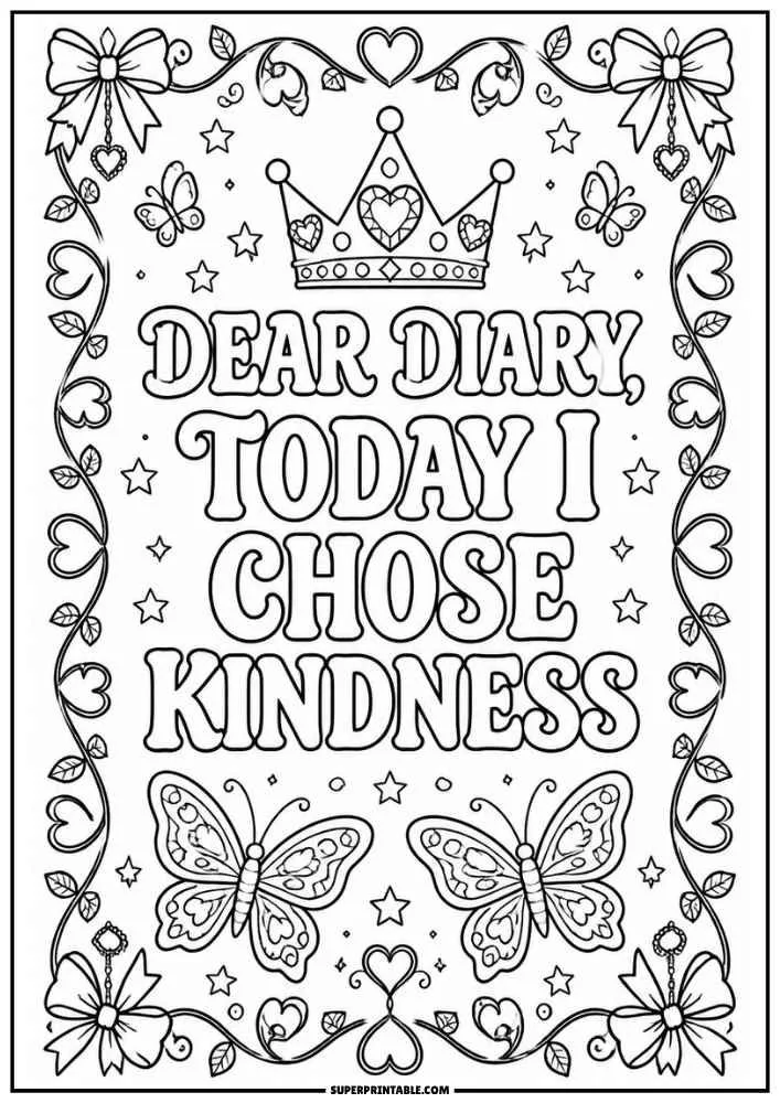 Coloring page with "Dear Diary, Today I Chose Kindness," butterflies, bows, hearts, flowers, and stars.