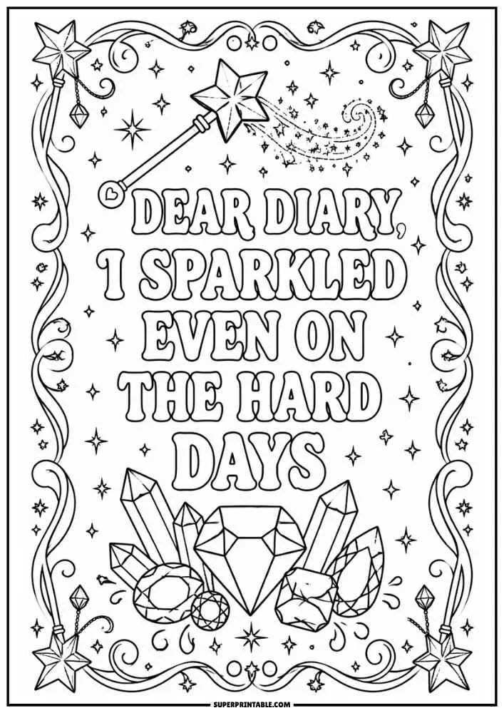 Coloring page with stars, wands, crystals, gems, and an uplifting diary quote.