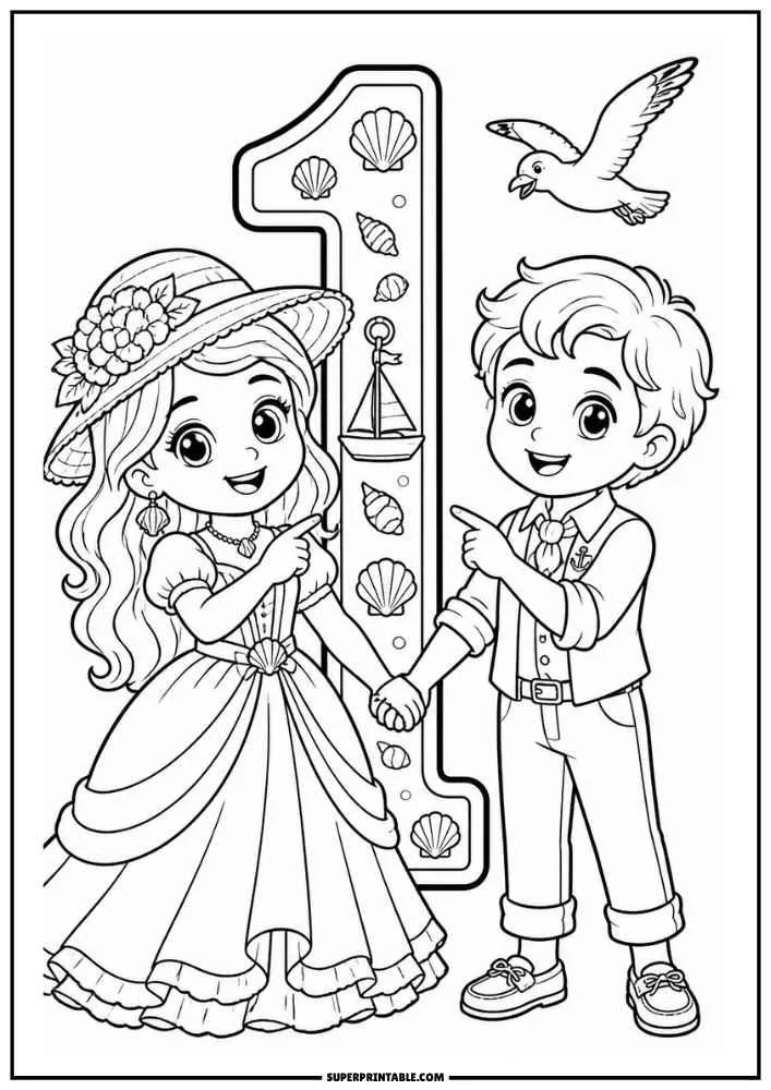 Princess and prince holding hands beside a seashell-themed number 1 with a sailboat and seagull.