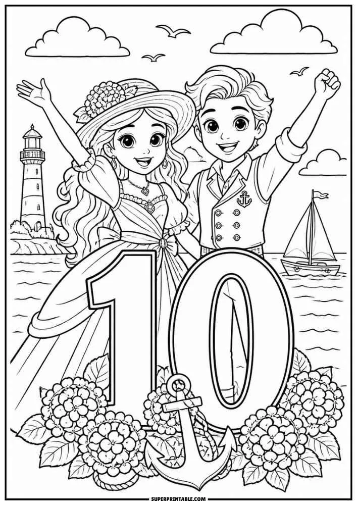 Princess and prince celebrating beside a large number 10 with flowers, an anchor, a lighthouse, and a sailboat.