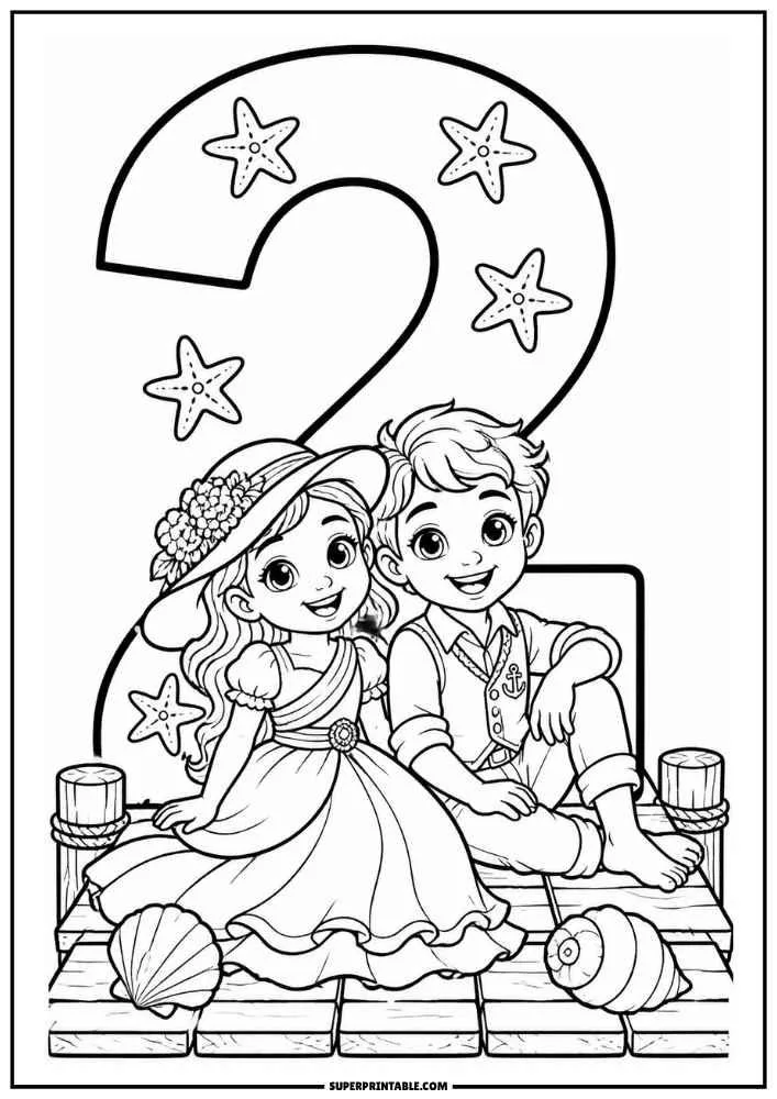Princess and prince sitting on a dock with a large number 2, seashells, and starfish.