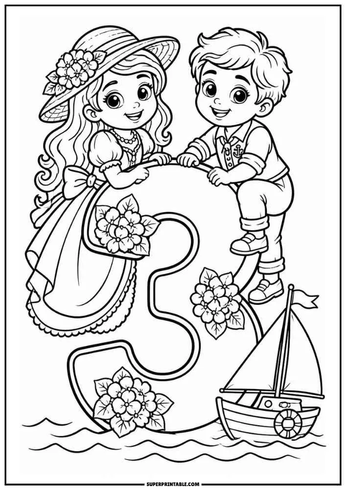 Princess and prince around a flower-decorated number 3 with waves and a sailboat.
