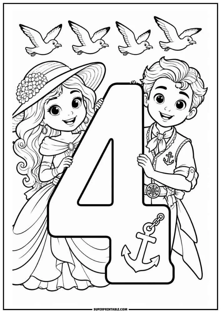 Princess and prince beside an anchor-themed number 4 with seagulls flying above.