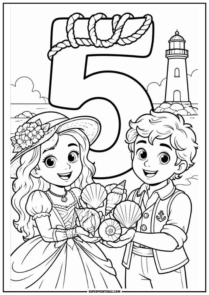 Princess and prince holding seashells beside a large number 5 with a lighthouse.