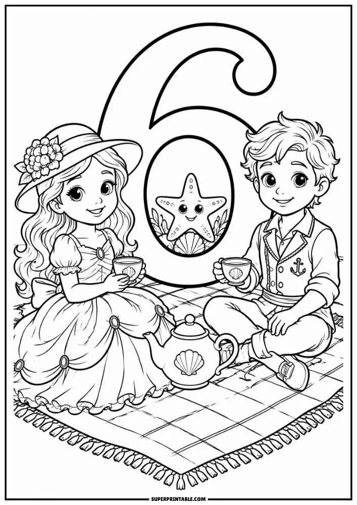 Princess and prince having a beach tea party with a large number 6 and a starfish.