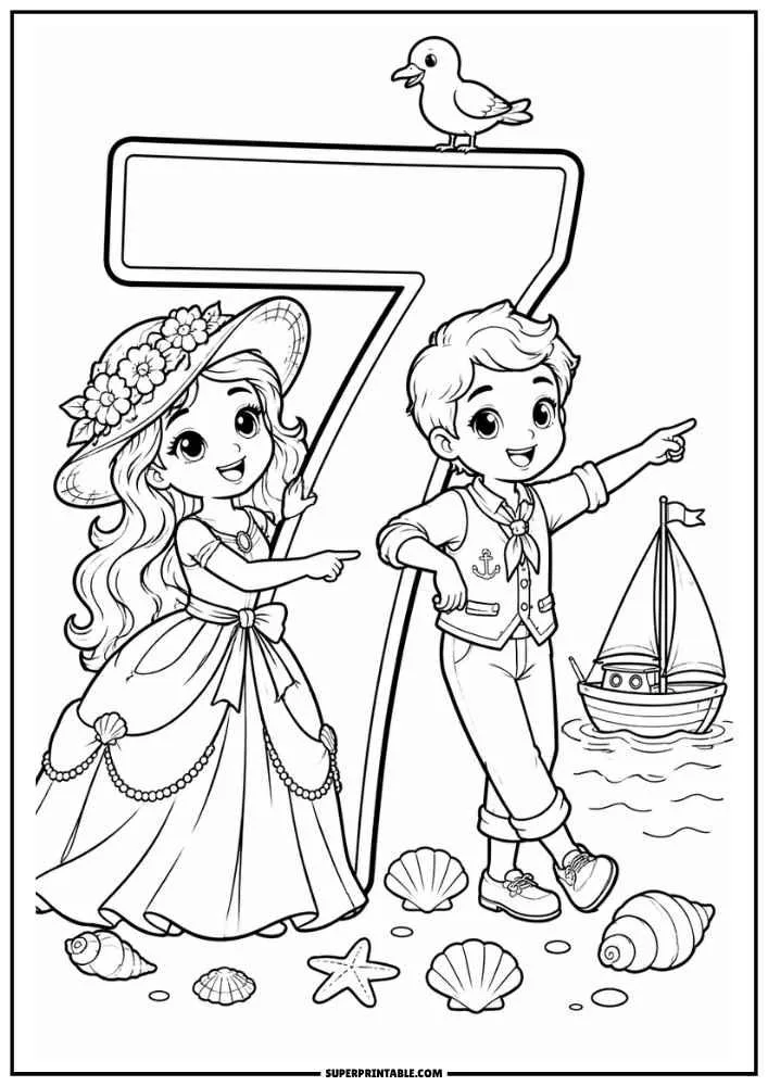 Princess and prince pointing beside a large number 7 with seashells and a sailboat.