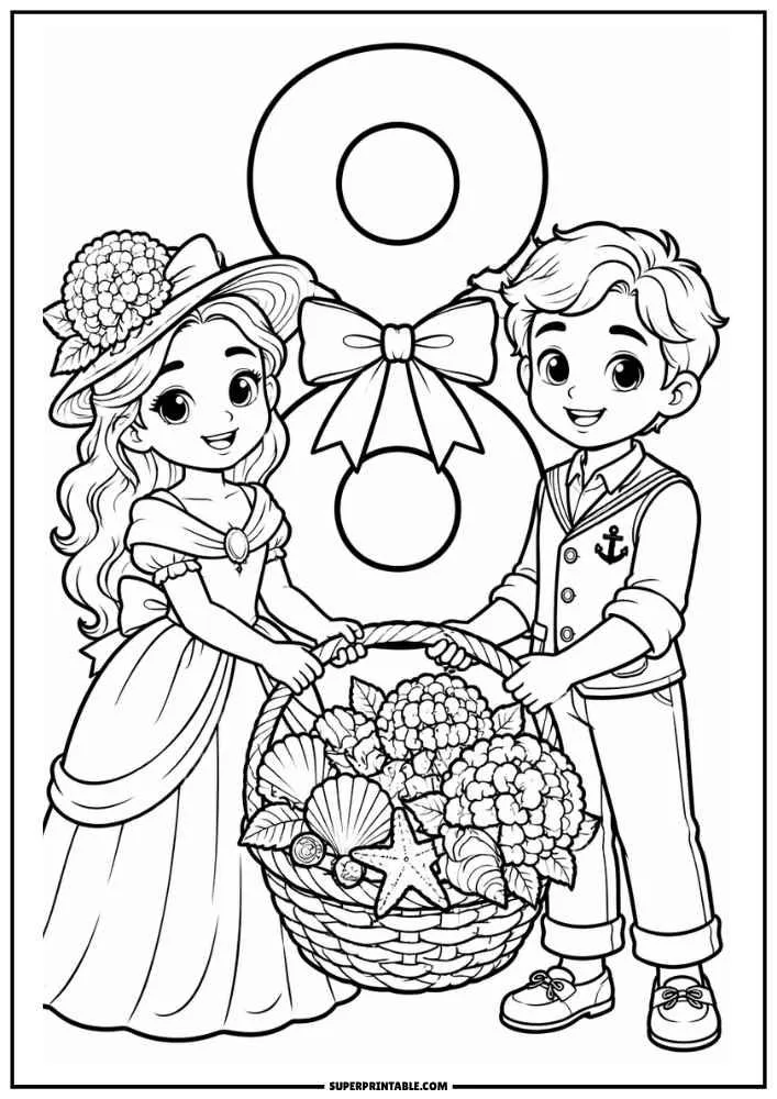Princess and prince holding a basket of flowers, shells, and a starfish beside a number 8.