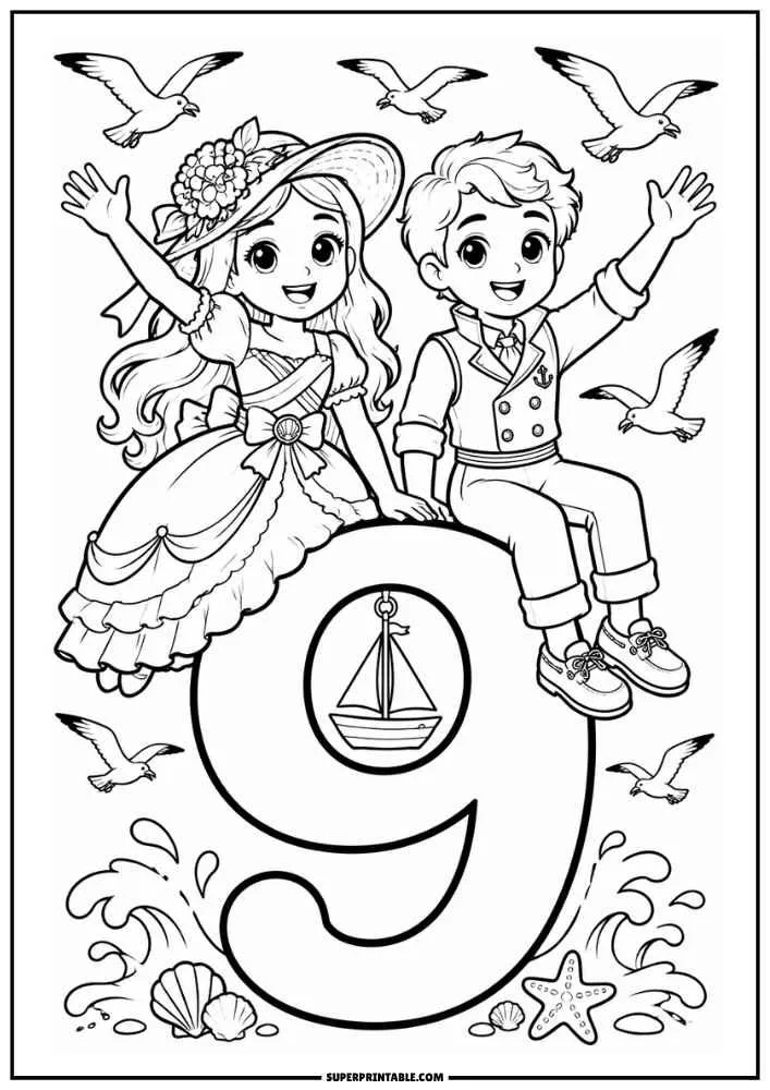 Princess and prince sitting on a large number 9 with waves, seashells, and seagulls.