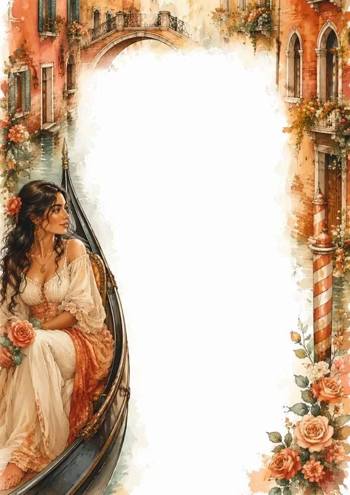 Princess in a gondola on a canal with flowers, bridge, and Italian buildings around a blank center.