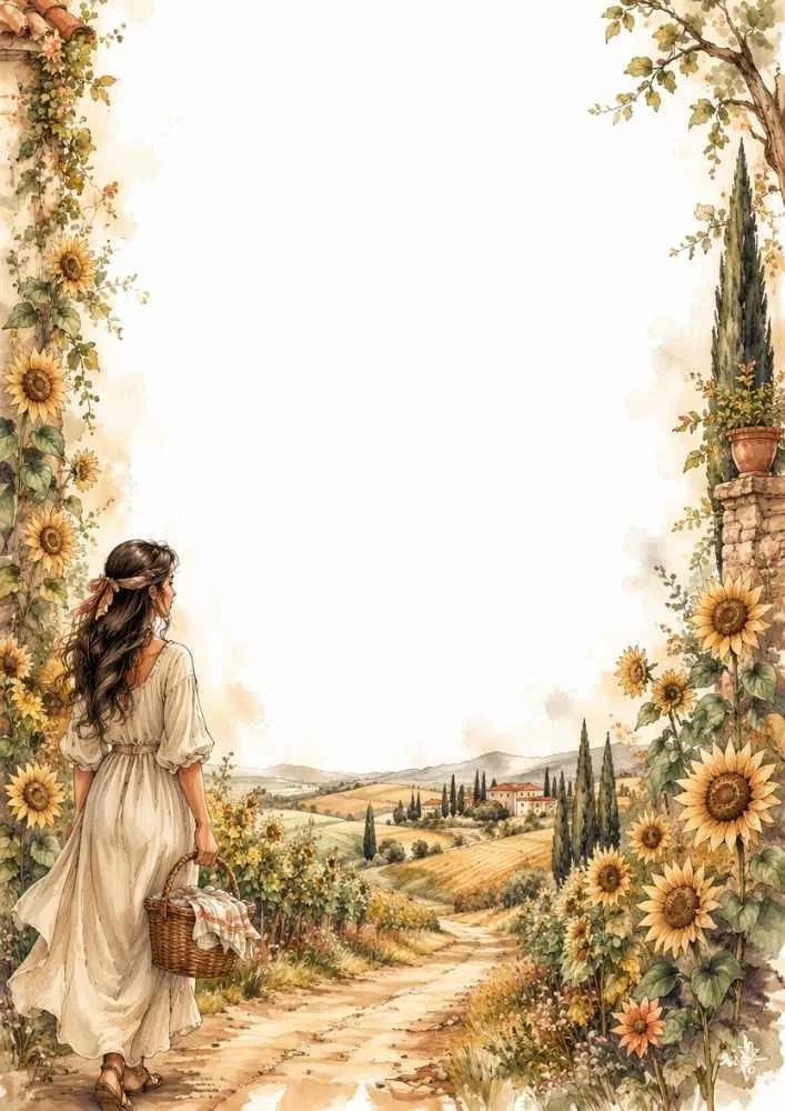 Princess with a basket walking through sunflower fields around a blank center.
