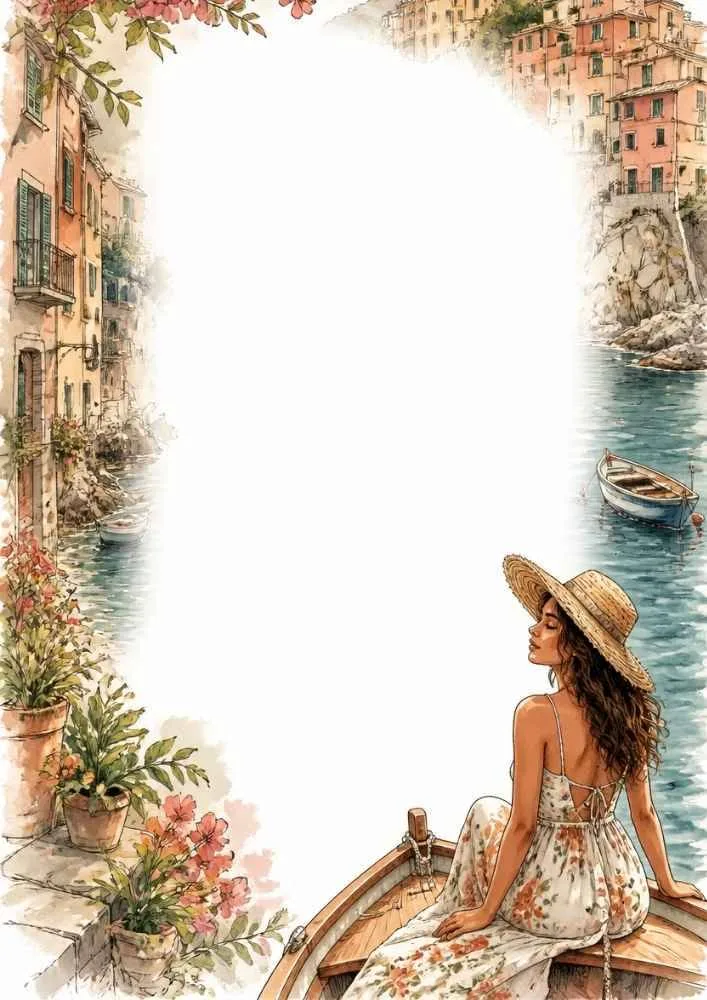 Princess in a boat on a coastal canal with flowers and a blank center.