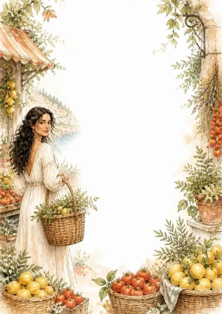 Princess with a basket near fruits, vegetables, and plants around a blank center.