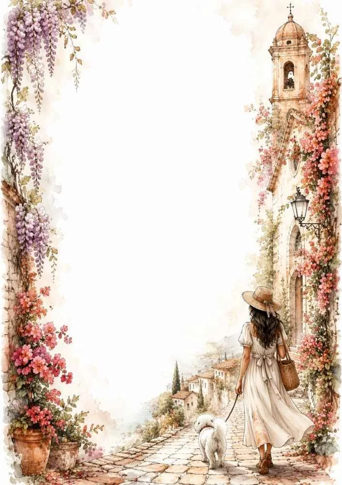Princess walking with a dog near flowers, a church, and a large blank center.