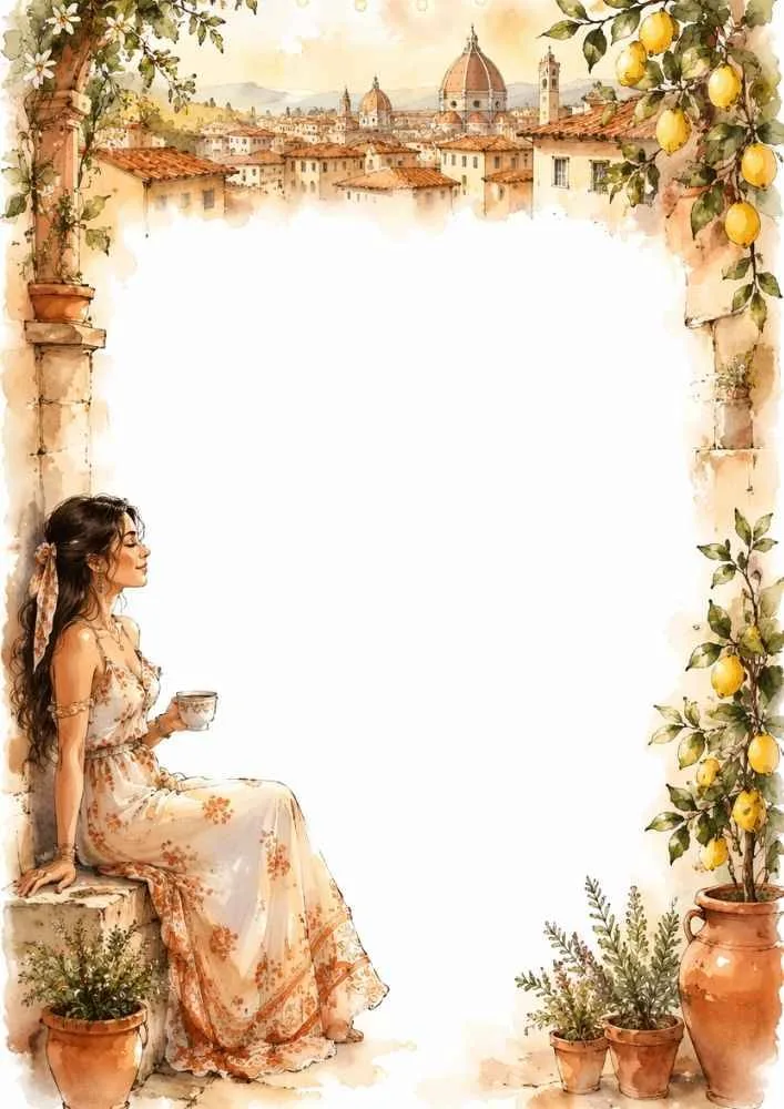 Princess drinking tea beside lemon trees with a city view and blank center.