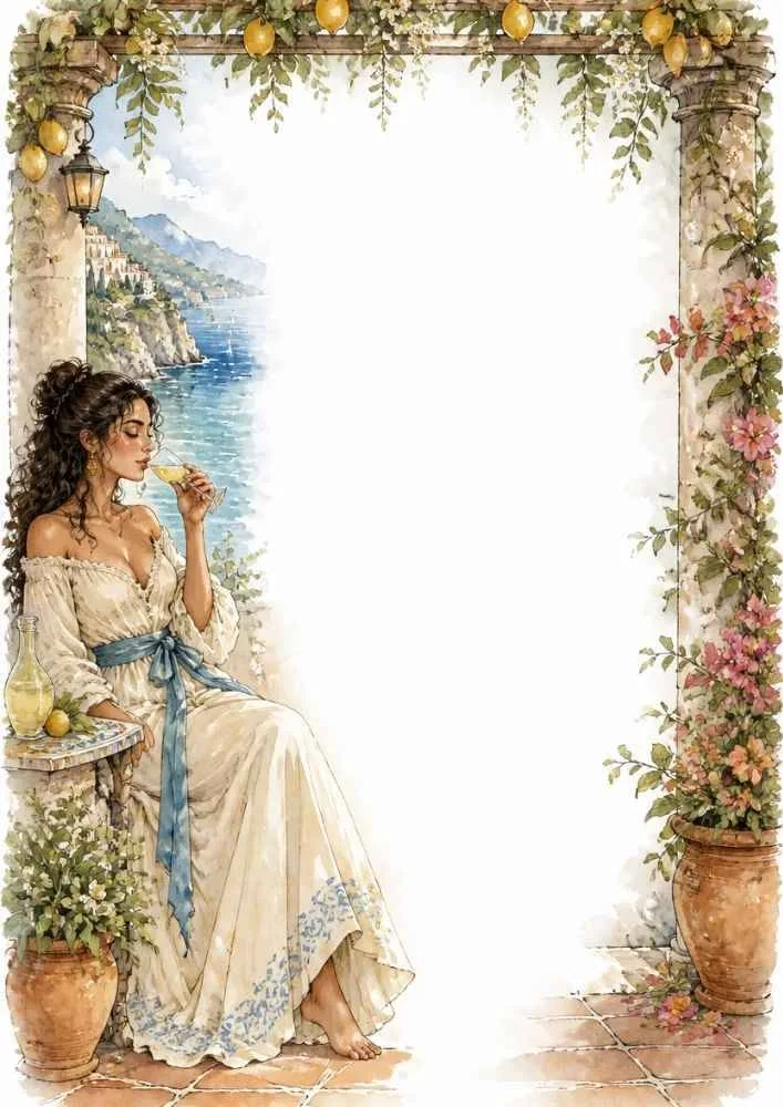 Princess seated by the sea with flowers, arches, and a blank center.