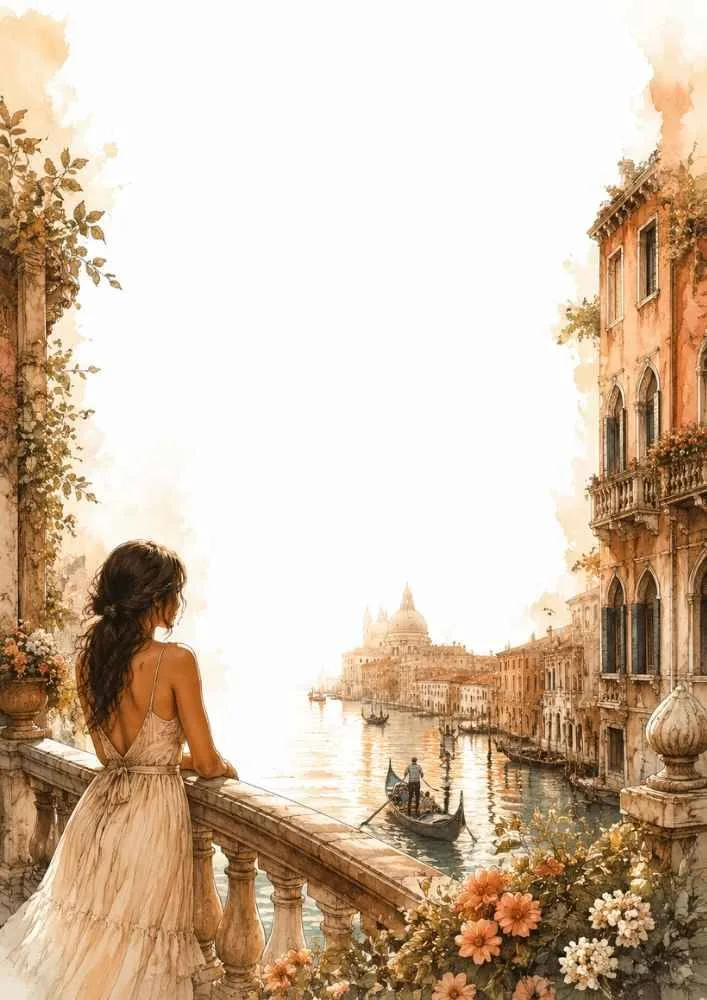 Princess overlooking a Venetian canal at sunset with flowers and a blank center.