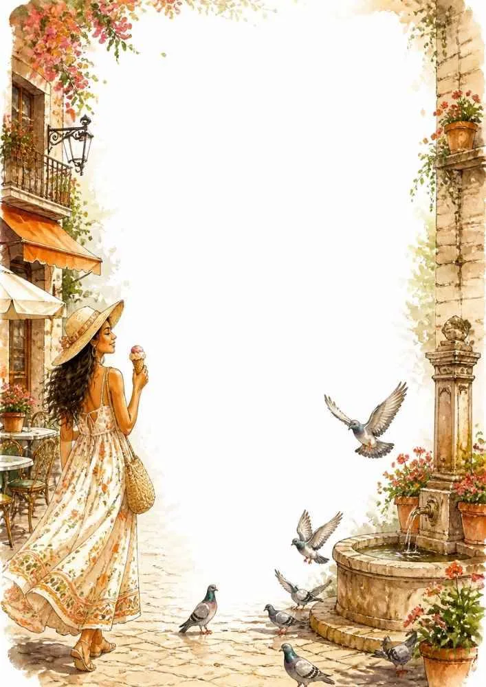 Princess walking with ice cream near a fountain, pigeons, flowers, and a large blank center.