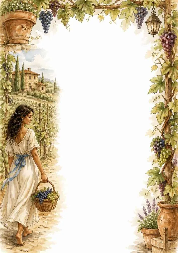 Princess with a grape basket in a vineyard surrounded by grapevines and a blank center.