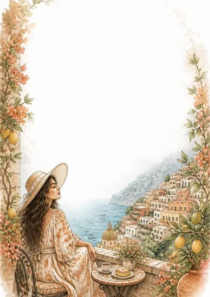 Princess on a terrace overlooking a coastal village with flowers, lemons, and a blank center.