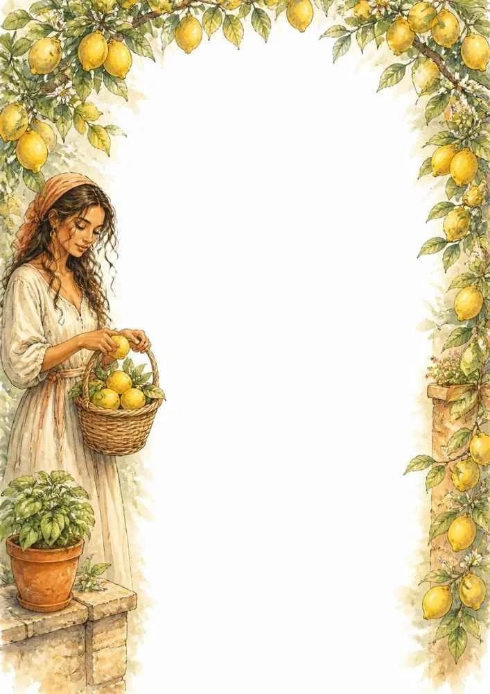 Princess holding a basket of lemons under lemon trees with a large blank center.