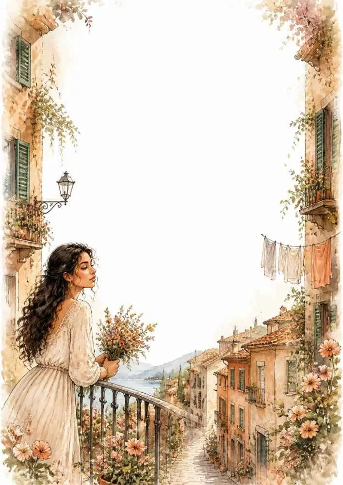 Princess on a balcony with flowers overlooking an Italian village and a blank center.