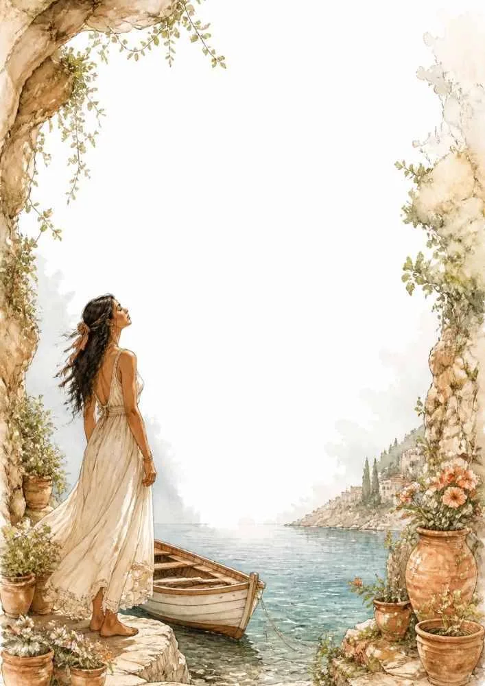 Princess near a boat by a lakeside arch with flowers and a blank center.