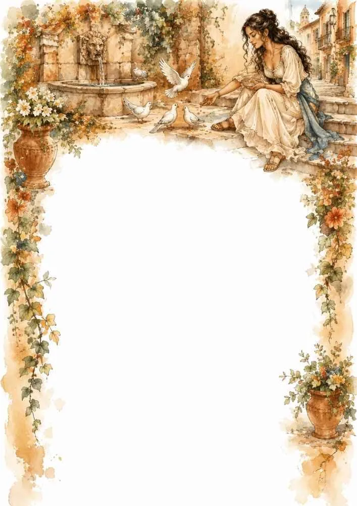 Princess feeding doves near a fountain with flowers and a large blank center.
