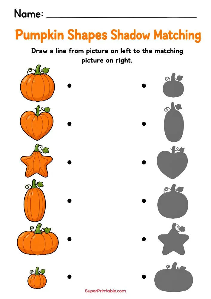 Pumpkin shape recognition worksheet where children connect unique pumpkin shapes to matching silhouettes.