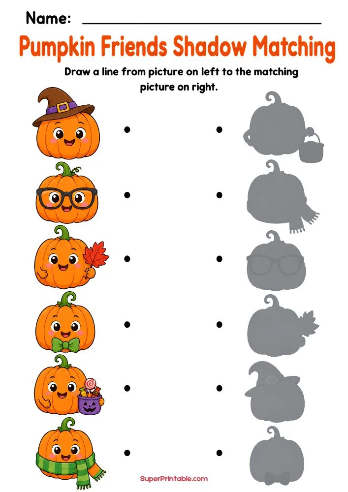 Cute pumpkin friends shadow matching worksheet with festive fall and Halloween accessories for young children.