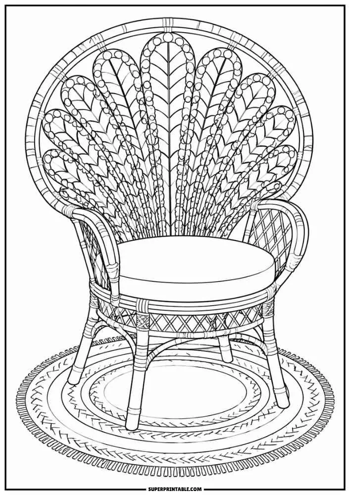 Peacock rattan chair on a round woven rug with detailed wicker patterns.