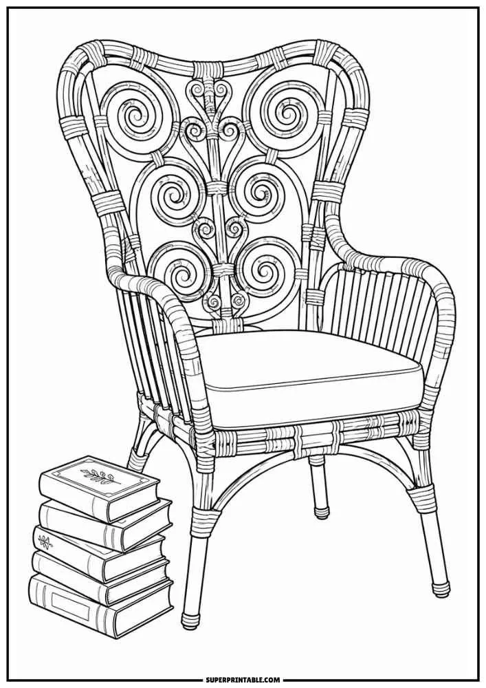 Decorative rattan chair with spiral back beside books.