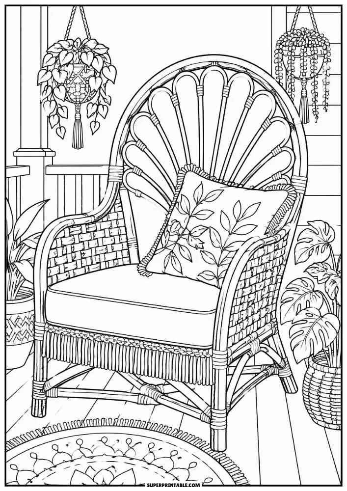 Peacock rattan chair with pillow on a porch with hanging plants.
