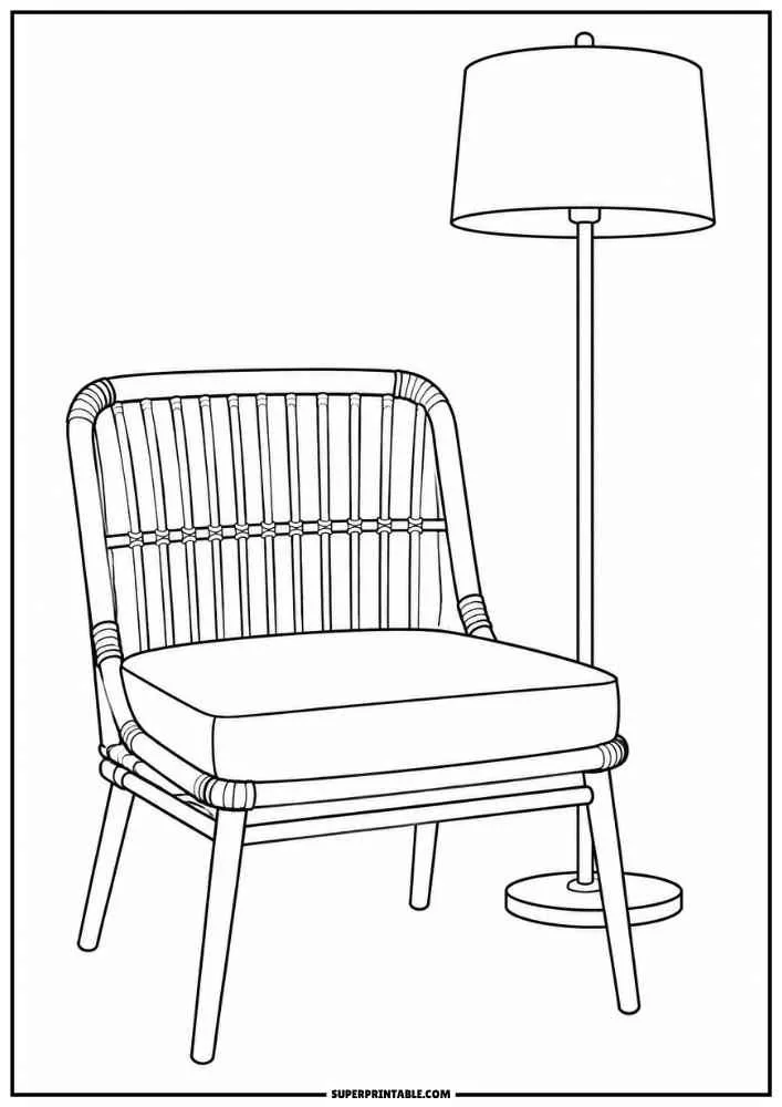 Simple rattan chair beside a tall floor lamp.