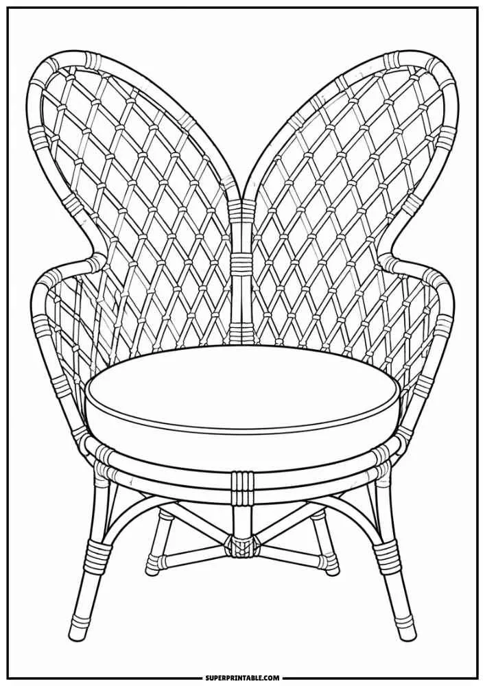 Butterfly back rattan chair with a round seat cushion.