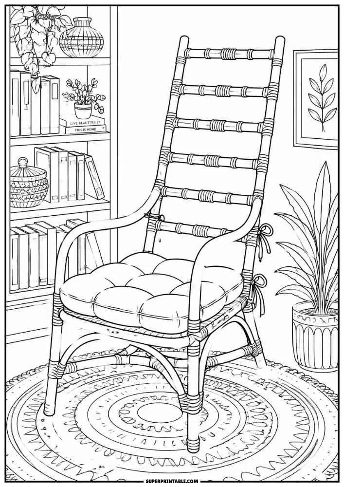 Ladder back rattan chair on a rug with bookshelves and plants.