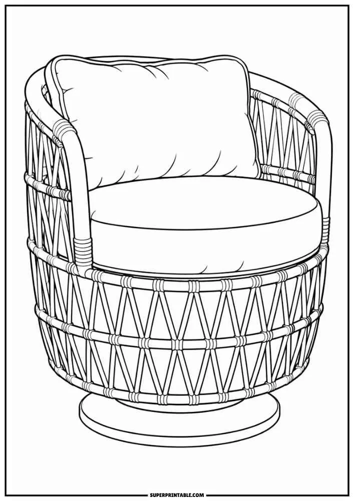 Round woven swivel chair with large seat and back cushions.
