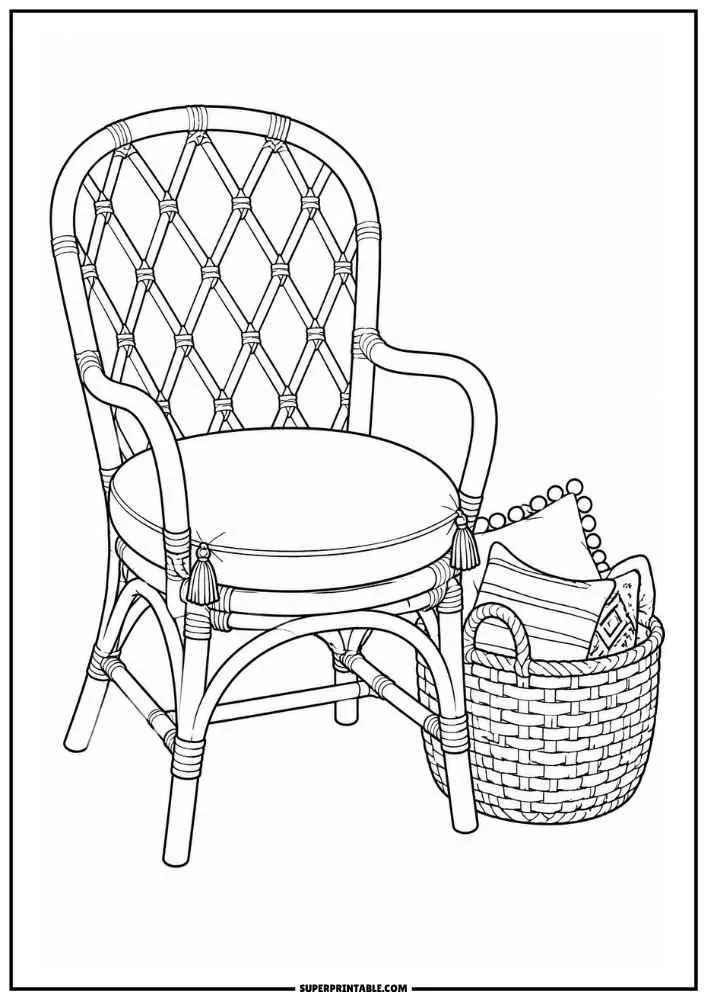 Rattan chair beside a woven basket with blankets.