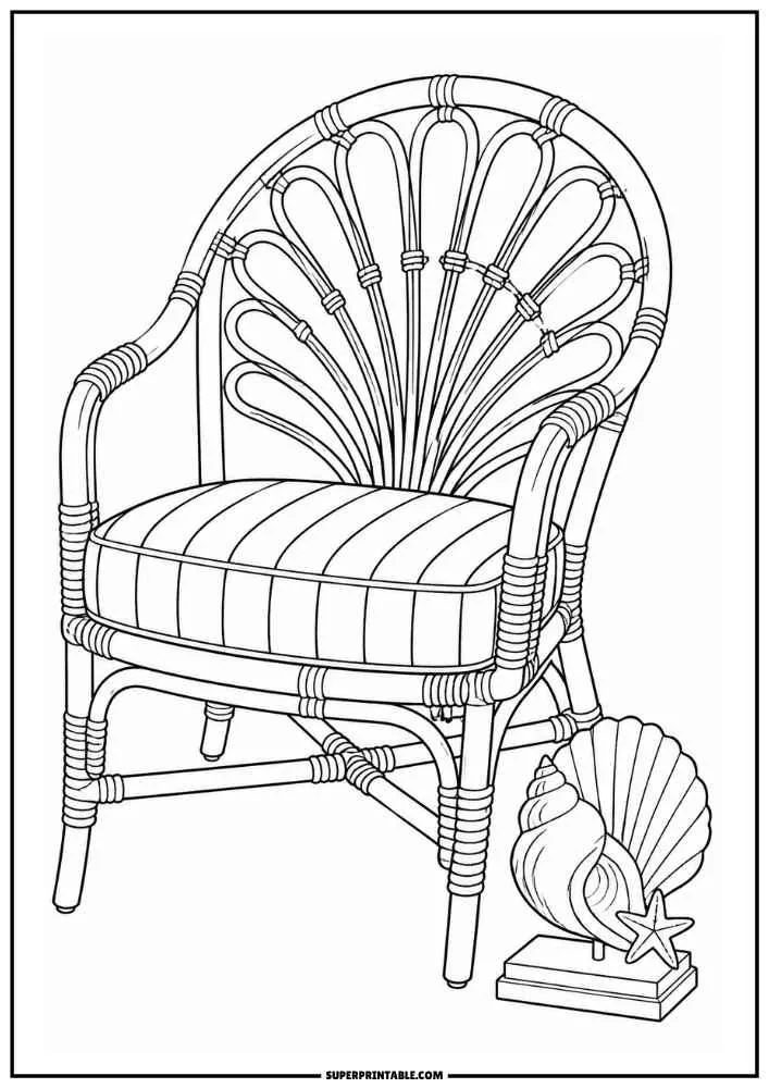 Seashell back rattan chair beside a shell decoration.