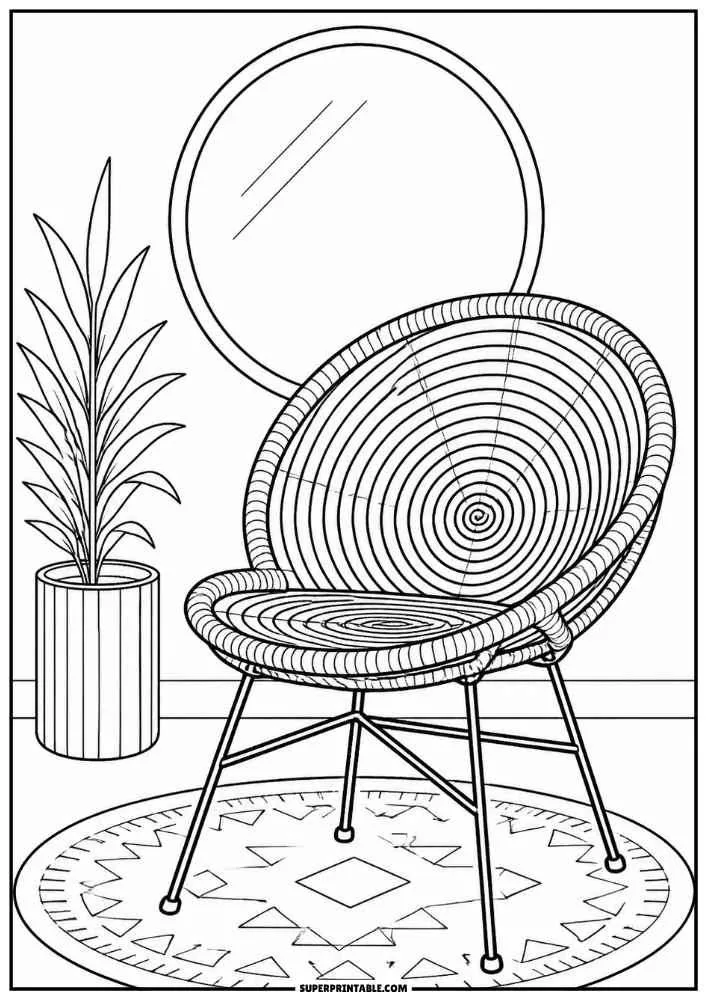 Round rope lounge chair with plant, mirror, and rug.