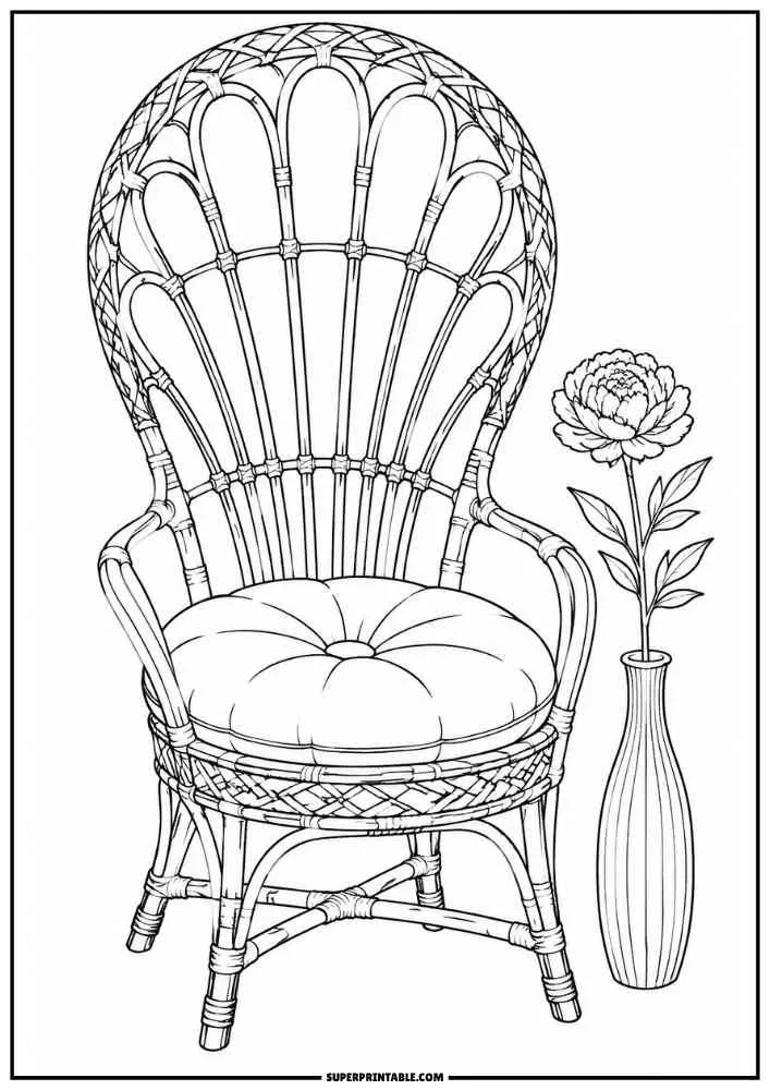 Peacock rattan chair beside a vase with a large flower.