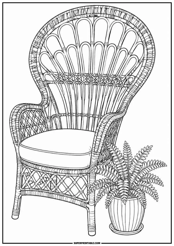 Tall peacock rattan chair beside a potted fern.